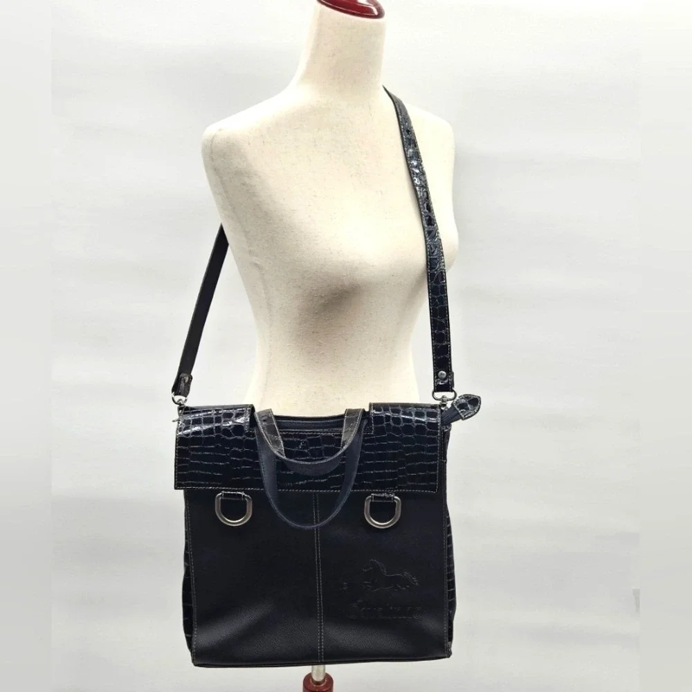Cavallinho Black‎ Faux Croc Leather Shoulder Tote Bag Crossbody Horse Logo